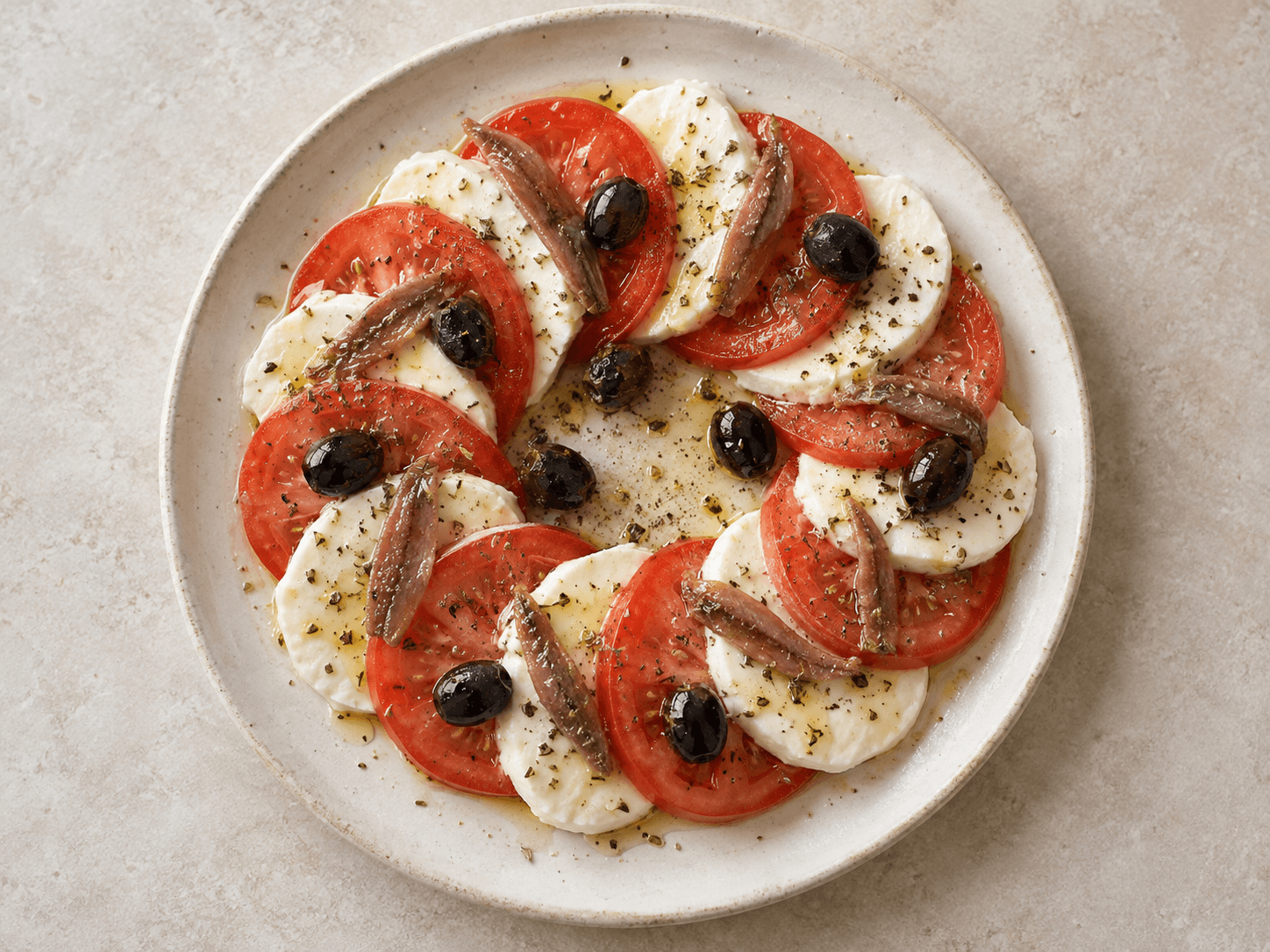 Salade de tomates à la mozzarella et aux anchois — Illustration culinaire générée par IA