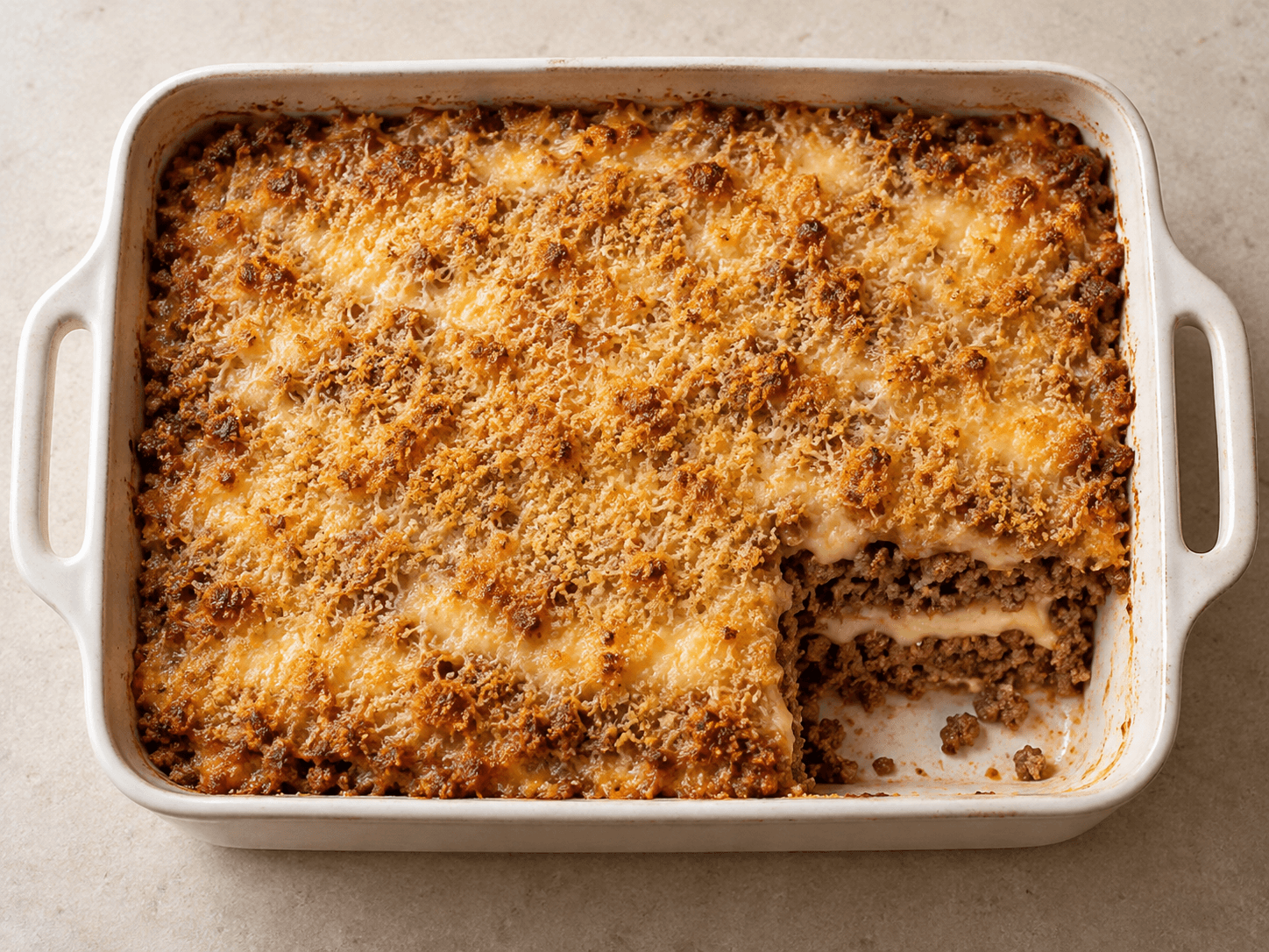 Gratin à la viande hachée et au fromage — Illustration culinaire générée par IA