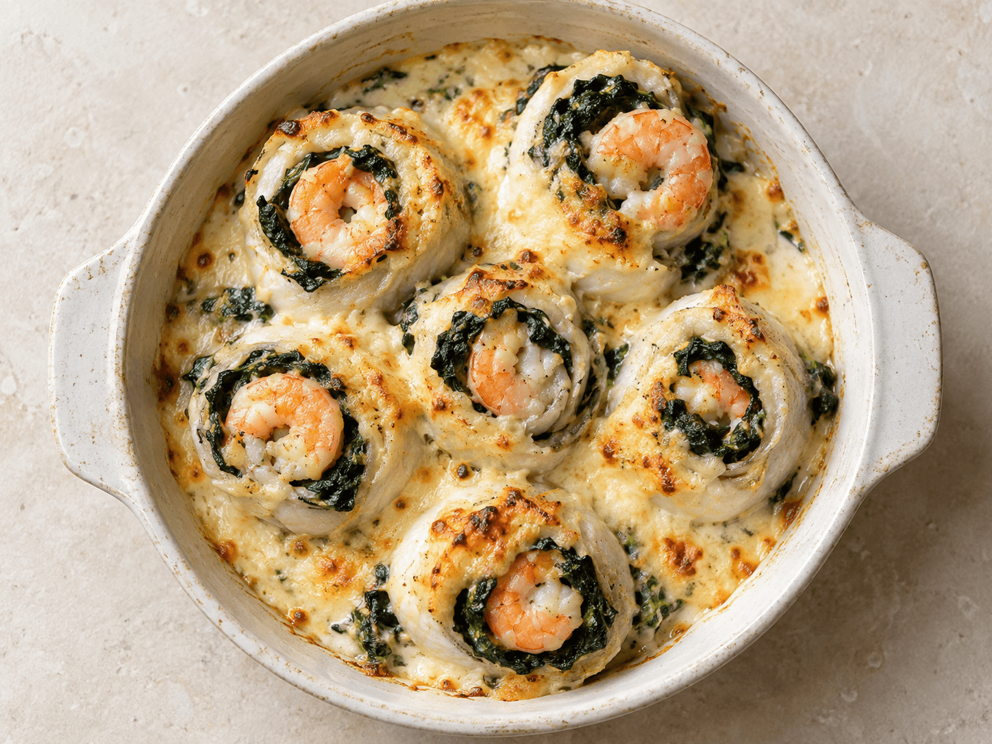 Gratin de soles roulées aux épinards — Illustration culinaire générée par IA