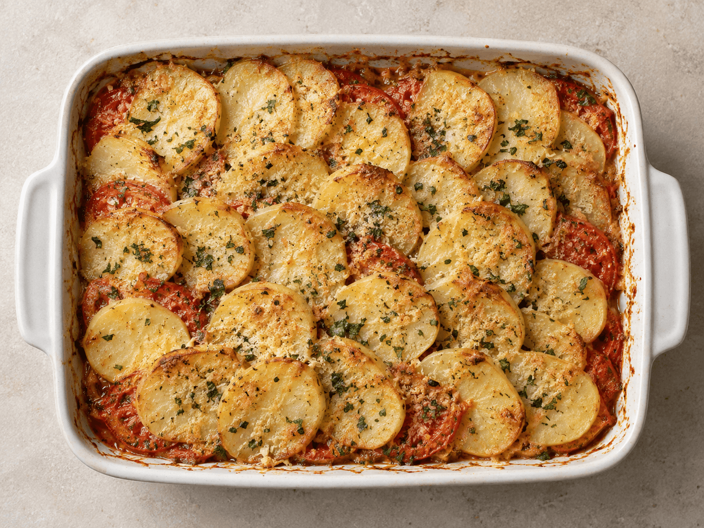 Gratin de pommes de terre et de tomates — Illustration culinaire générée par IA