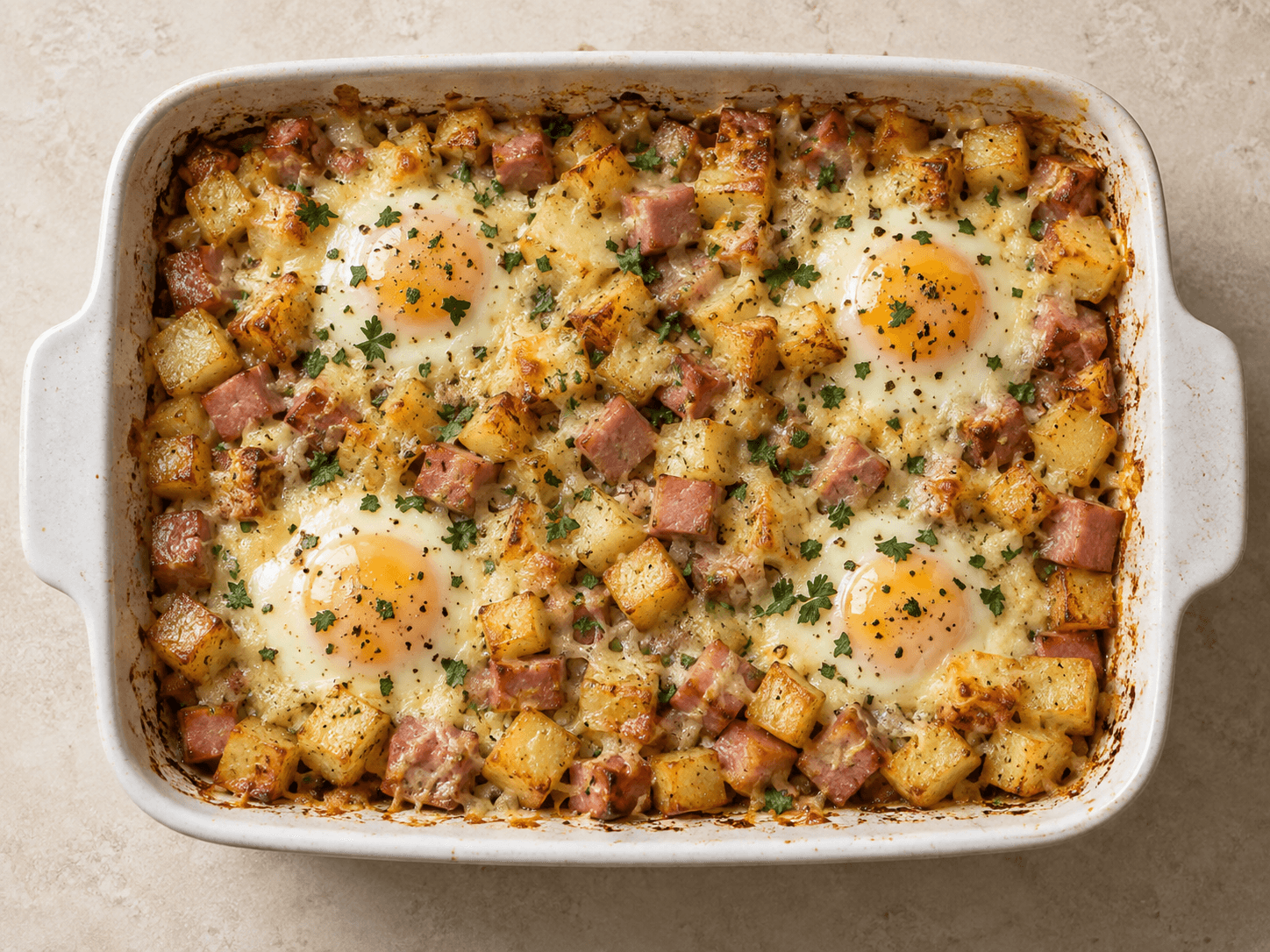 Gratin de pommes de terre frites et aux œufs — Illustration culinaire générée par IA