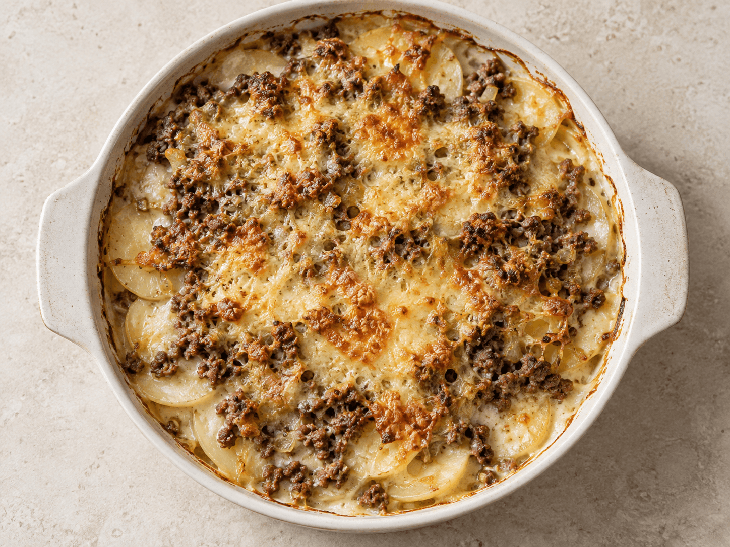 Gratin de pommes de terre et de viande hachée — Illustration culinaire générée par IA
