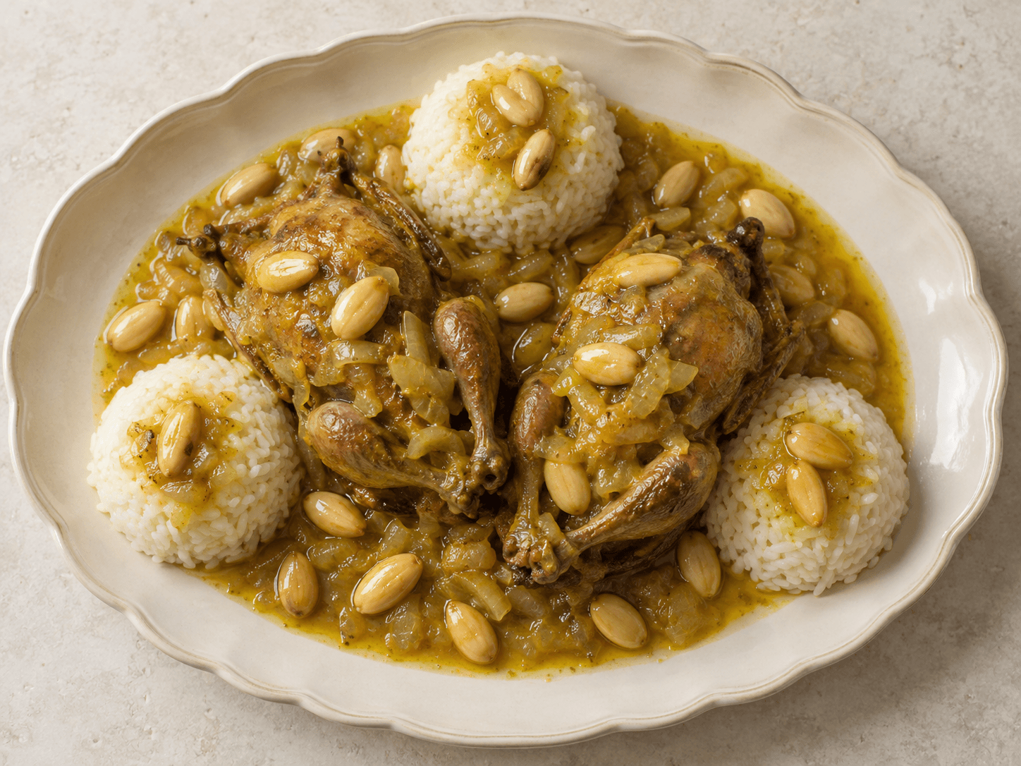Pigeons au riz et aux amandes (hamam qadra) — Illustration culinaire générée par IA